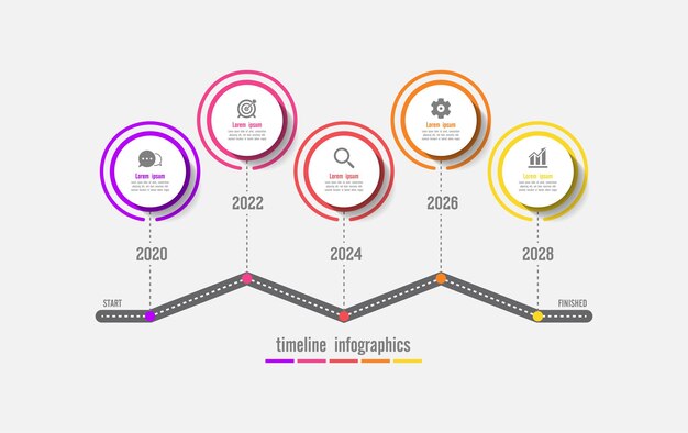 5つのステップでカラフルなタイムラインビジネス抽象的な背景インフォグラフィックテンプレートサークル