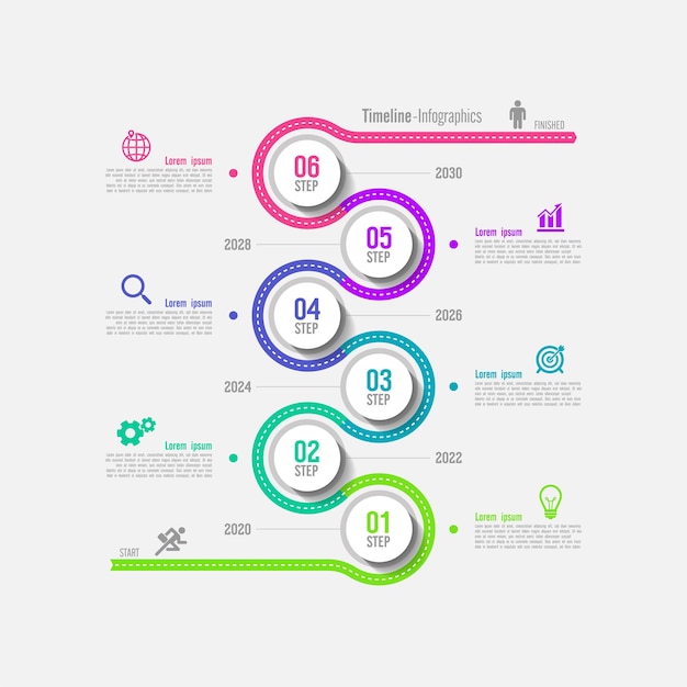 6つのステップでカラフルなタイムラインビジネス抽象的な背景インフォグラフィックテンプレートサークル