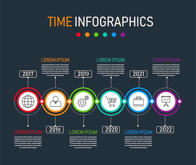 Timeline circle infographics on dark background. 6 business icon used for process presentations.