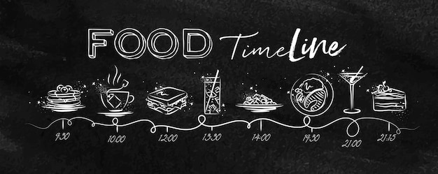 Timeline on food theme illustrated time of meal and food icons drawing with chalk on chalkboard