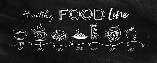 Timeline on healthy food theme illustrated time of meal and food icons drawing with chalk on chalkbo