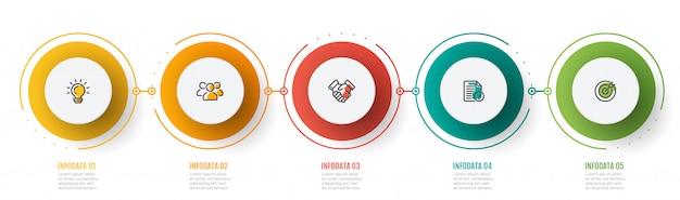 Grafico infografica timeline con icone di marketing e 5 passaggi, cerchi