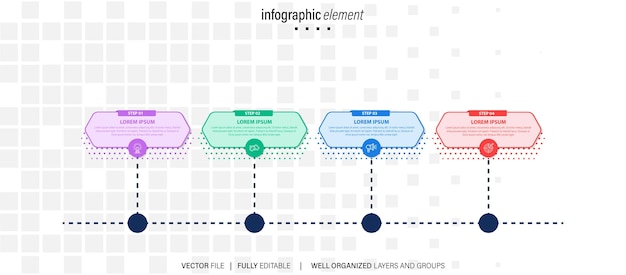 Vettore di progettazione infografica della timeline con opzioni numeriche e 4 passaggi. può essere utilizzato per il diagramma del flusso di lavoro