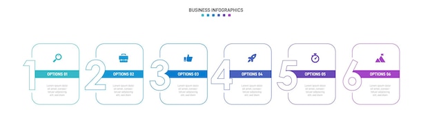 Progettazione infografica timeline con icone e 6 opzioni o passaggi concetto di business infografico