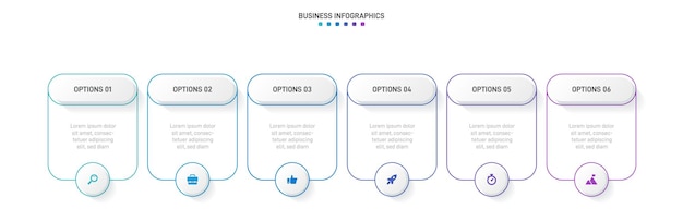 Progettazione infografica timeline con icone e 6 opzioni o passaggi concetto di business infografico