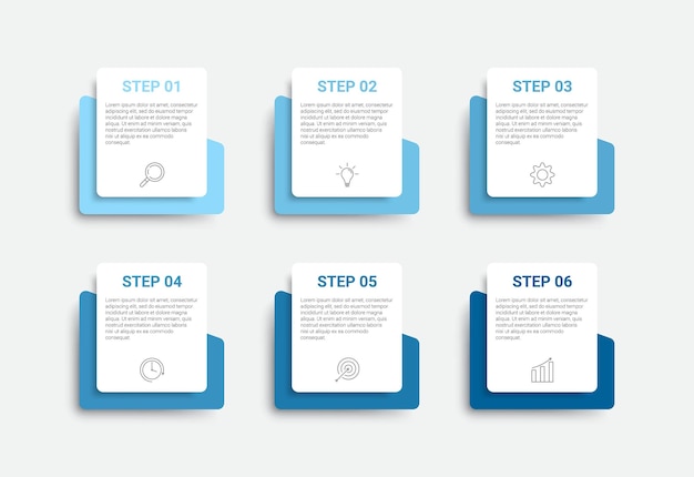 비즈니스 개념을 위한 아이콘 및 6가지 옵션 또는 단계 인포그래픽이 있는 타임라인 인포그래픽 디자인