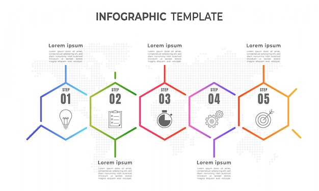 Modello di infografica timeline, linea sottile stile 5 step.