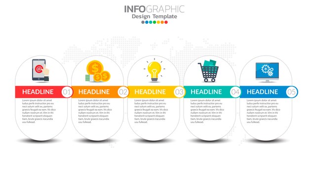Инфографический шаблон временной шкалы со стрелками и 5 вариантами плоского дизайна
