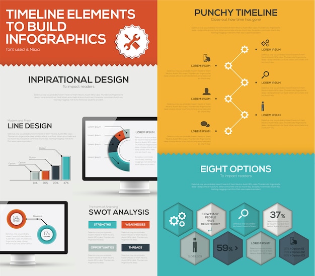 Insieme di vettore di infografica timeline e colore piatto del computer aziendale