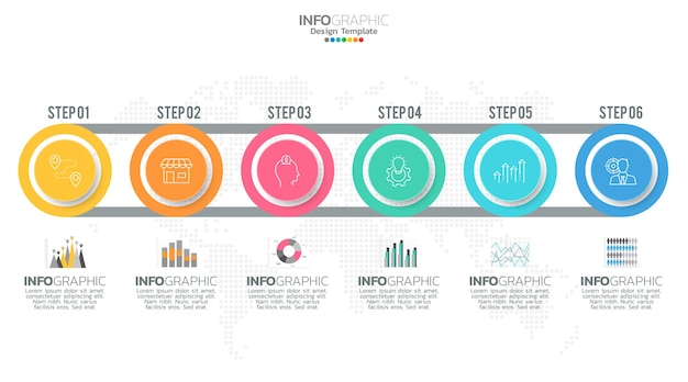 Il vettore di infografica timeline con 6 passaggi può essere utilizzato per il web design del rapporto annuale del diagramma di layout del flusso di lavoro