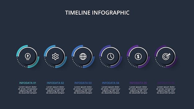 Timeline infographic with 6 elements template for web on a black background business presentation vector illustration