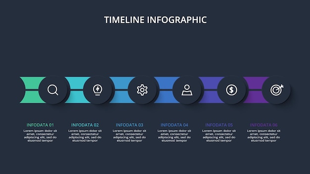 Timeline infographic with 6 elements template for web on a black background business presentation vector illustration