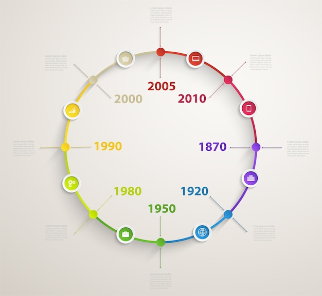 비즈니스 아이콘 인포 그래픽 타임 라인. 연도 별 워크 플로의 원형 다이어그램.