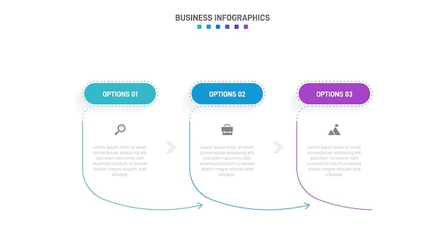 Infochart가 포함된 타임라인 인포그래픽 비즈니스 프로세스를 위한 3개의 spets가 포함된 최신 프리젠테이션 템플릿