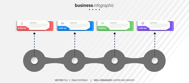 Infochart가 포함된 타임라인 인포그래픽 비즈니스 프로세스를 위한 4가지 특수 기능이 포함된 현대적인 프리젠테이션 템플릿