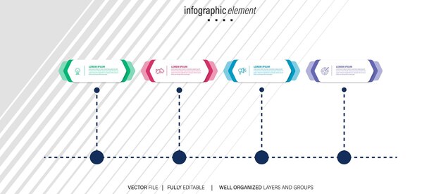 벡터 infochart가 포함된 타임라인 인포그래픽 비즈니스 프로세스를 위한 4가지 특수 기능이 포함된 현대적인 프리젠테이션 템플릿