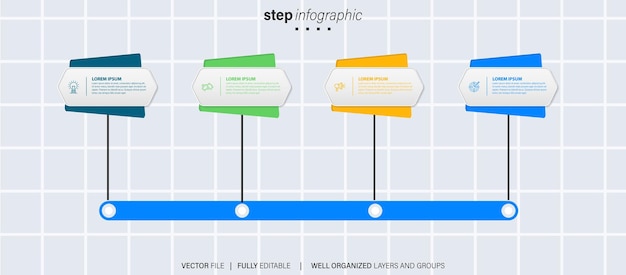 벡터 infochart가 포함된 타임라인 인포그래픽 비즈니스 프로세스를 위한 4가지 특수 기능이 포함된 현대적인 프리젠테이션 템플릿