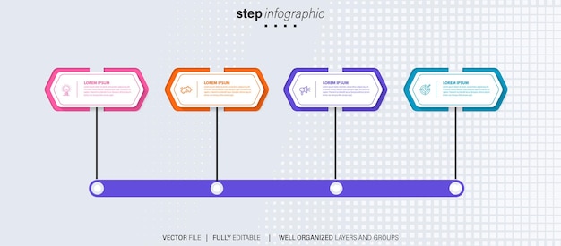 벡터 infochart가 포함된 타임라인 인포그래픽 비즈니스 프로세스를 위한 4가지 특수 기능이 포함된 현대적인 프리젠테이션 템플릿
