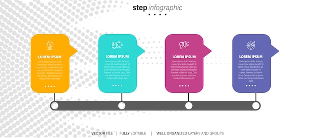 벡터 infochart가 포함된 타임라인 인포그래픽 비즈니스 프로세스를 위한 4가지 특수 기능이 포함된 현대적인 프리젠테이션 템플릿