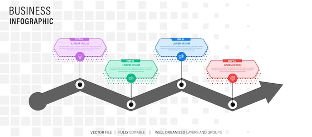 벡터 인포차트와 함께 타임라인 인포그래픽 비즈니스 프로세스에 대한 4 단계의 현대적인 프레젠테이션 템플릿