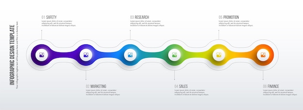 타임 라인 인포 그래픽 디자인. 6 가지 옵션, 단계 또는 프로세스가있는 비즈니스 개념.