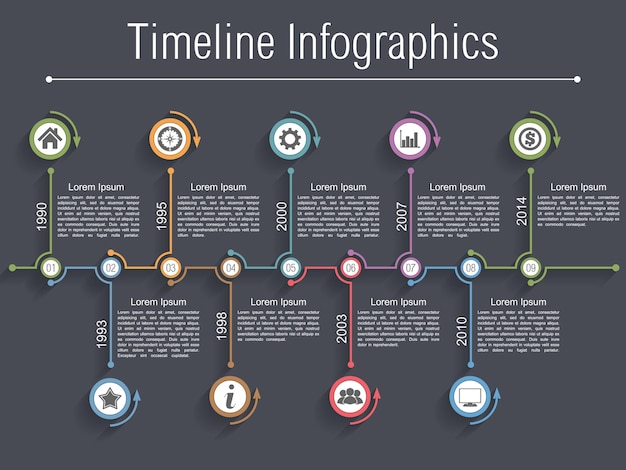 Vettore modello di progettazione di infografiche di linea temporale con nove elementi vettoriali eps10 illustrazione