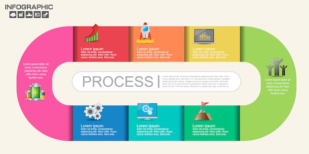 タイムラインインフォグラフィックデザインテンプレートオプション、プロセス図。