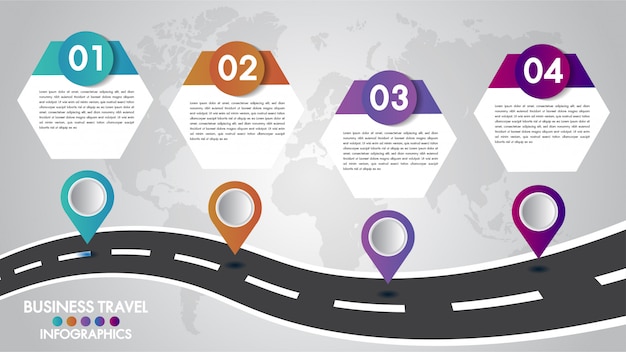 Timeline infographics modello 4 opzioni di progettazione con un modo di strada e puntatori di navigazione