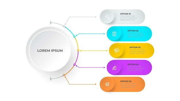 Modello di infografica timeline business concept design con cerchi e cinque passaggi o processi di opzioni