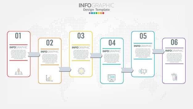 Timeline infographics template with 6 elements workflow process chart.
