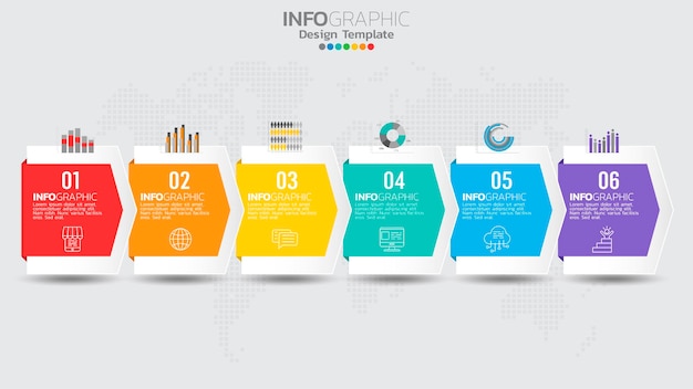 Timeline infographics template with 6 elements workflow process chart.