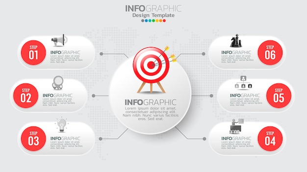 Timeline infographics template with 6 elements workflow process chart.