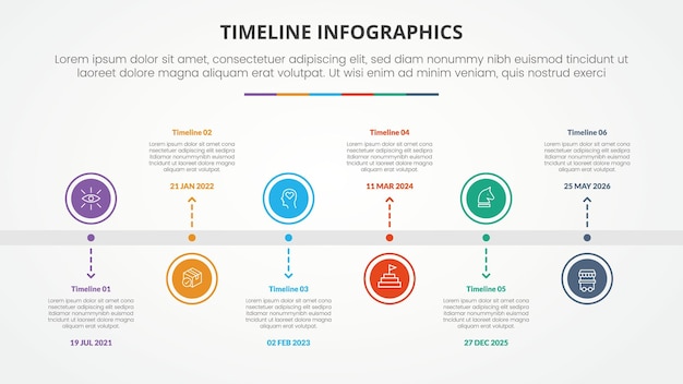 timeline milestone infographic concept with big circle horizontal direction up and down arrow line for slide presentation with 6 point list