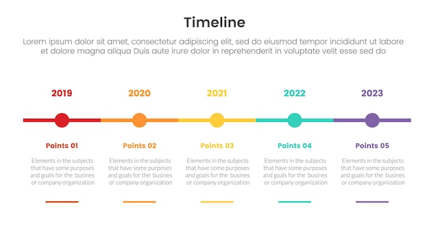 벡터 지점 인포그래픽의 타임라인 세트 지점 시간과 수평선 방향 및 슬라이드 프레젠테이션 템플릿 배너  ⁇ 터에 대한 5점 단계 개념
