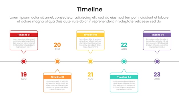 timeline set of point infographic with outline callout box on horizontal circle line with 5 point for slide presentation template