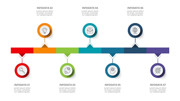 Webビジネスプレゼンテーションのベクトル図の7要素のインフォグラフィックテンプレートのタイムライン