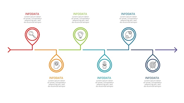 Timeline con un modello di infografica a 7 elementi per l'illustrazione vettoriale di presentazioni aziendali web