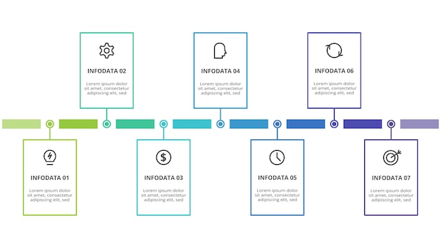 웹 비즈니스 프레 젠 테이 션 벡터 일러스트 레이 션에 대 한 7 요소 infographic 템플릿 타임 라인