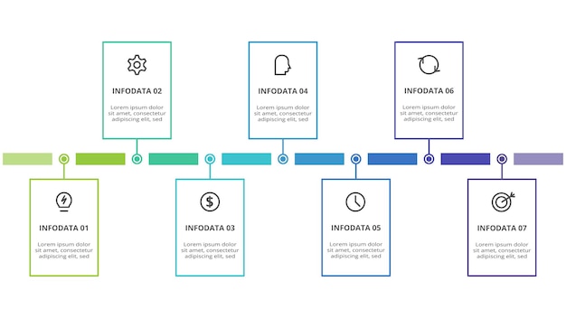 Timeline con un modello di infografica a 7 elementi per l'illustrazione vettoriale di presentazioni aziendali web