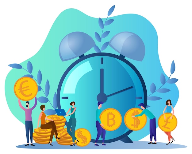 Vettore gestione del tempole persone lavorano con denaro sullo sfondo dell'orologio illustrazione vettoriale piatta