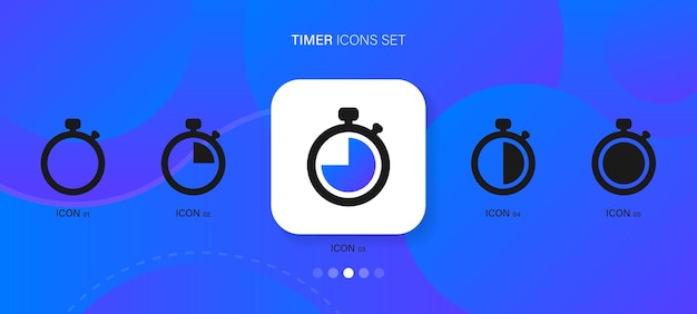 Icone del cronometro dell'orologio del timer impostate con tempi diversi icona del simbolo del timer per il conto alla rovescia impostata su sfondo blu astratto vector eps 10