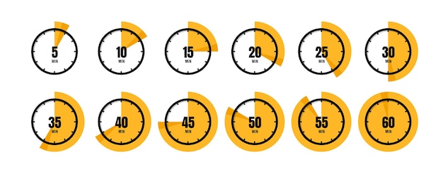 Vettore icone impostate isolate timer, orologio, cronometro. conto alla rovescia 10, 20, 30, 40, 50, 60 minuti.