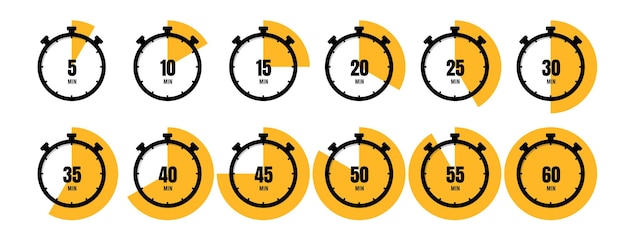 Vettore icone impostate isolate timer, orologio, cronometro. conto alla rovescia 10, 20, 30, 40, 50, 60 minuti.