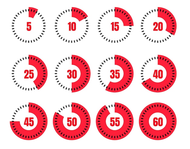 Vettore icone impostate isolate timer, orologio, cronometro. conto alla rovescia 10, 20, 30, 40, 50, 60 minuti.