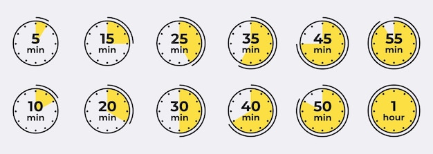 Таймер секундомер изолированный набор значков Таймер обратного отсчета значок набор значков Время приготовления этикетки Векторная иллюстрация
