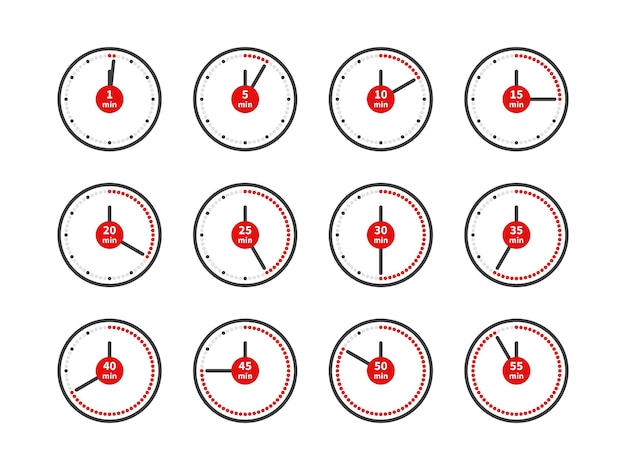 Timer iconen Analoog klokken wijzerplaat met rode pijlen verschillende posities Countdown minuten Ronde horloges Tijd meetinstrumenten Stopwatch voor koken Vector chronometers set