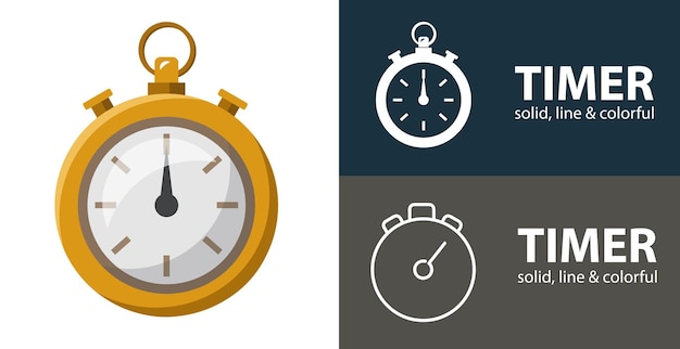 Timer isolated vector flat icon with stopwatch solid line icons