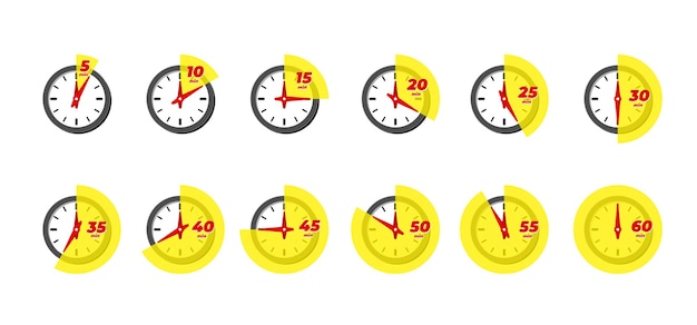 Timer and stopwatch icon set. kitchen cooking or fast express delivery time labels with different minutes. sport clock or deadline countdown vector isolated illustation