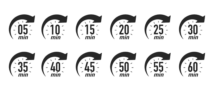 Vector timer stopwatch icons clock with minutes from 5 to 60 countdown timer delivery time sport clocks