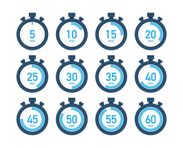 Vettore icone del cronometro del timer impostate 10 20 30 40 50 60 minuti tempo di cottura